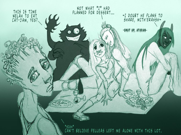 Picnic in Mossreign (L-R: Nelah, Paoel, Khes, Zakeriel, Atirian) Please do not take my poor art renderings as canon... especially my sleep-drunk attempt at Paoel. Thanks! ♡